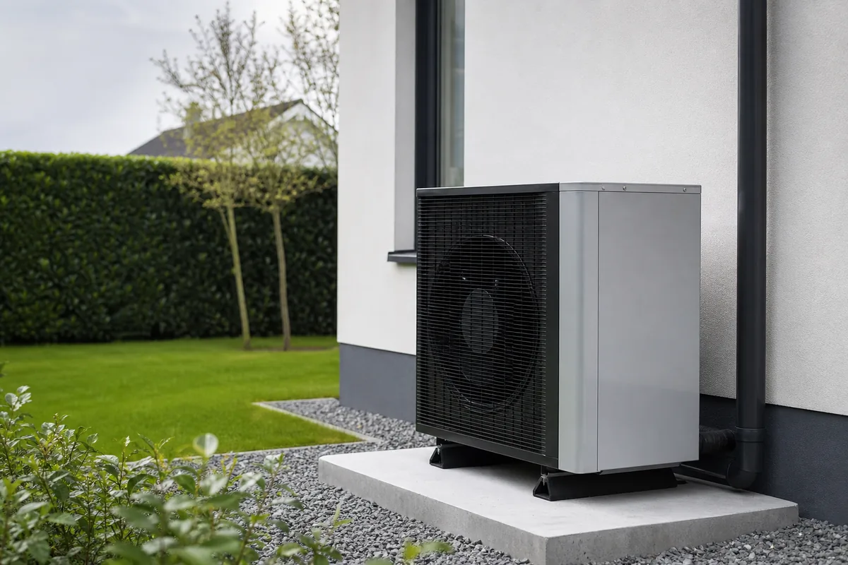 Pompe à chaleur air-eau posée sur un socle béton contre une maison unifamiliale