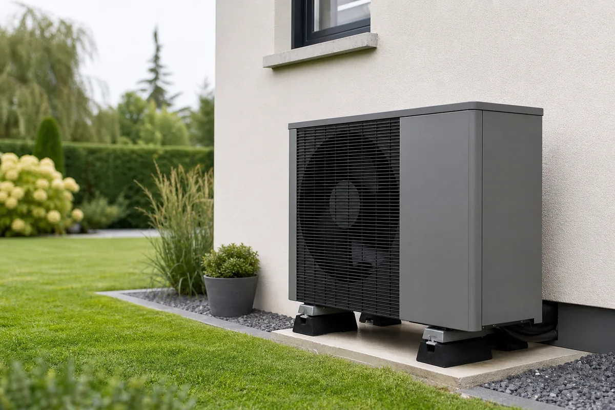 Pompe à chaleur air-eau moderne contre le mur crépi clair d'une maison unifamiliale