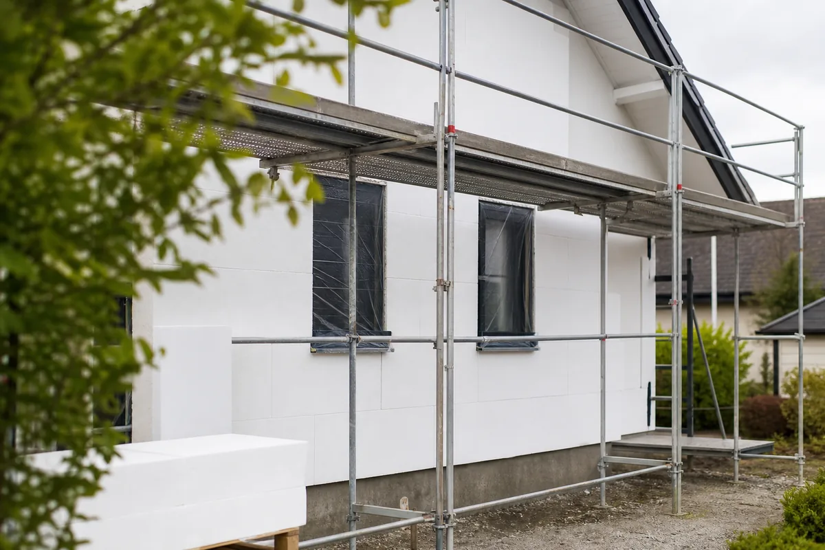 Pose de panneaux d'isolation extérieure sur la façade d'une maison