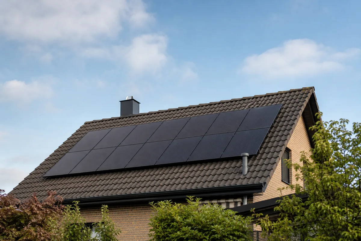 Panneaux photovoltaïques alignés sur le toit en tuiles d'une maison unifamiliale