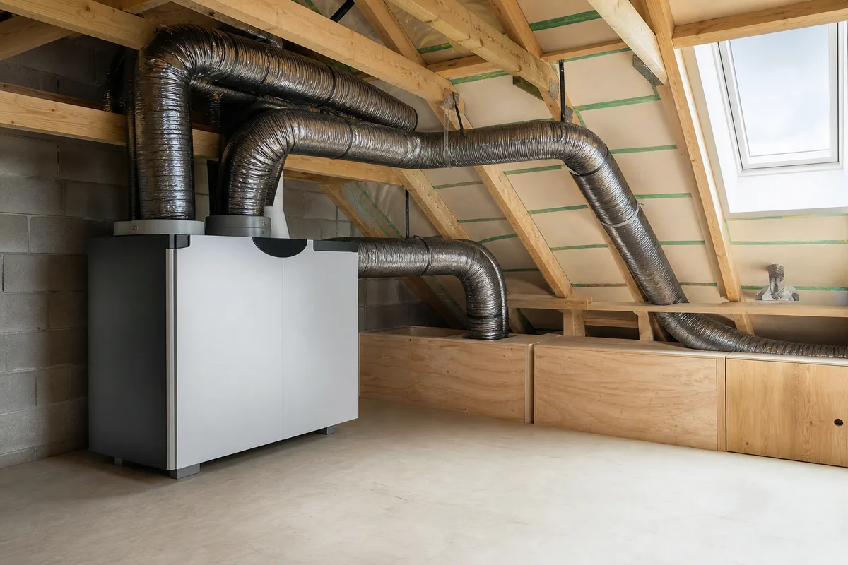 Caisson de ventilation double flux et ses gaines isolées installés proprement dans des combles aménagés