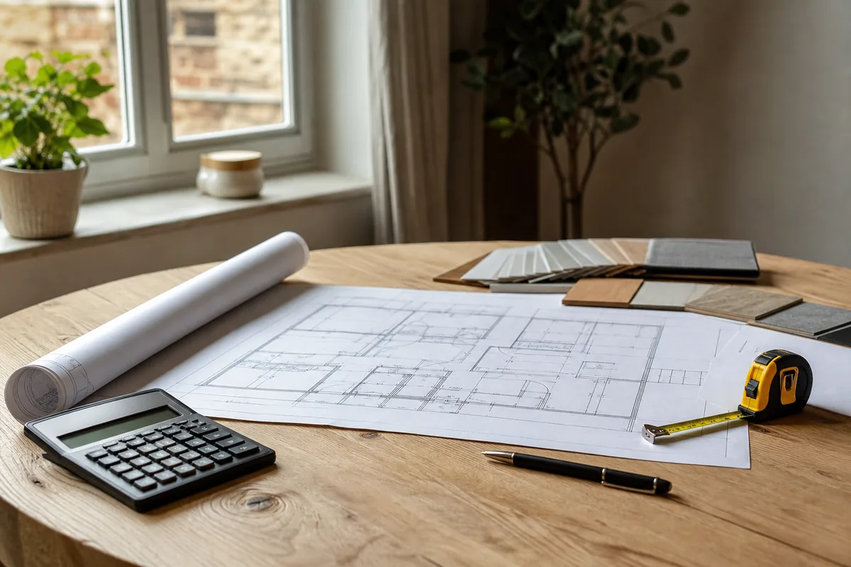 Plan de rénovation déroulé sur une table en bois clair avec une calculatrice