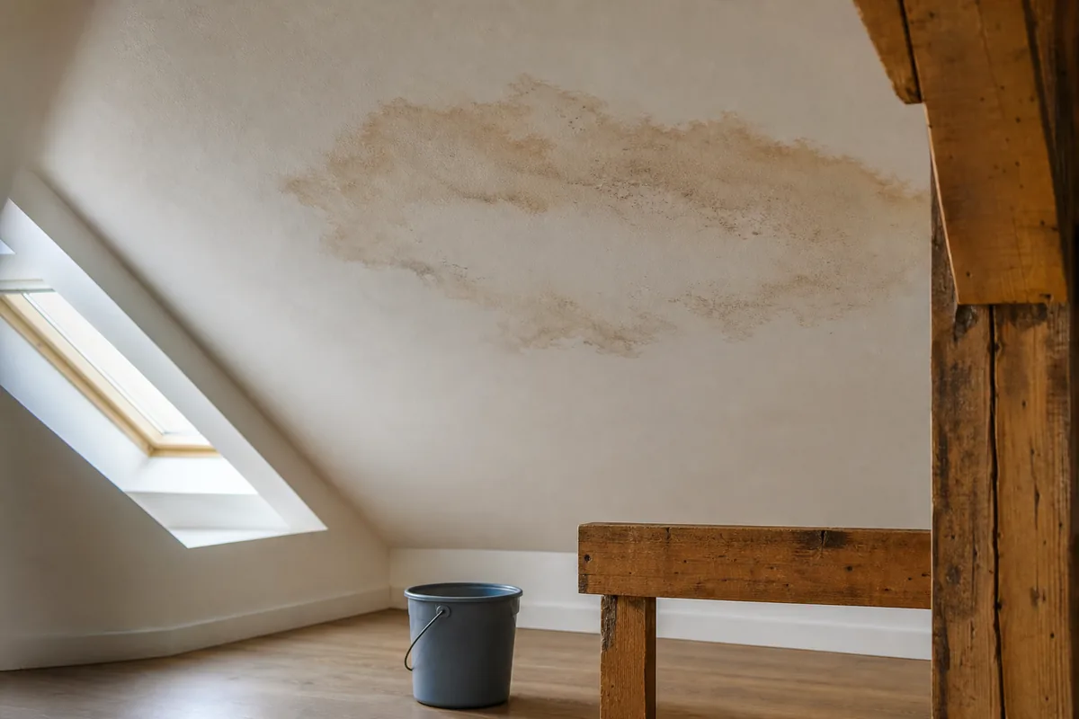 Auréole d'humidité brune sur un plafond blanc sous les combles