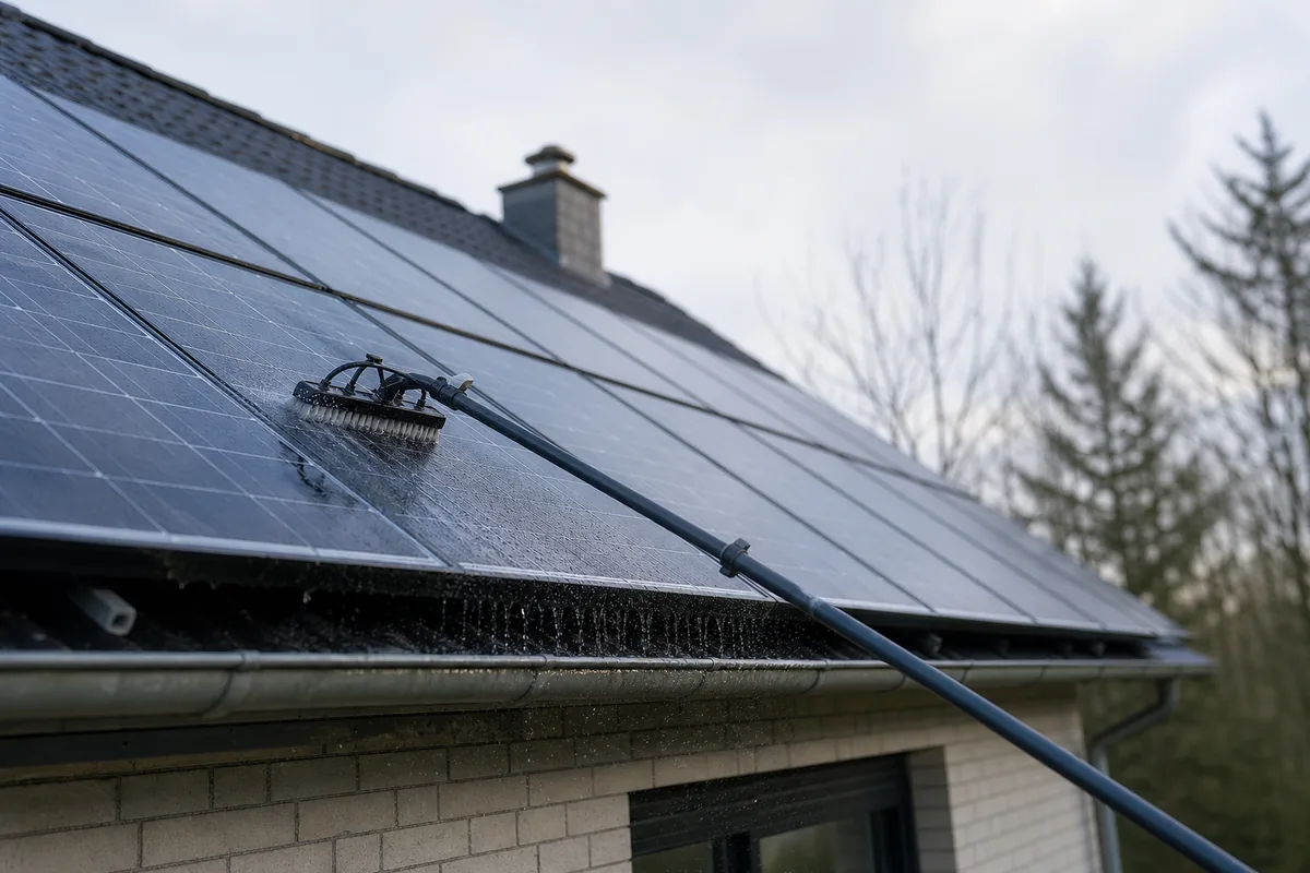 Panneaux photovoltaïques sur un toit en cours de nettoyage