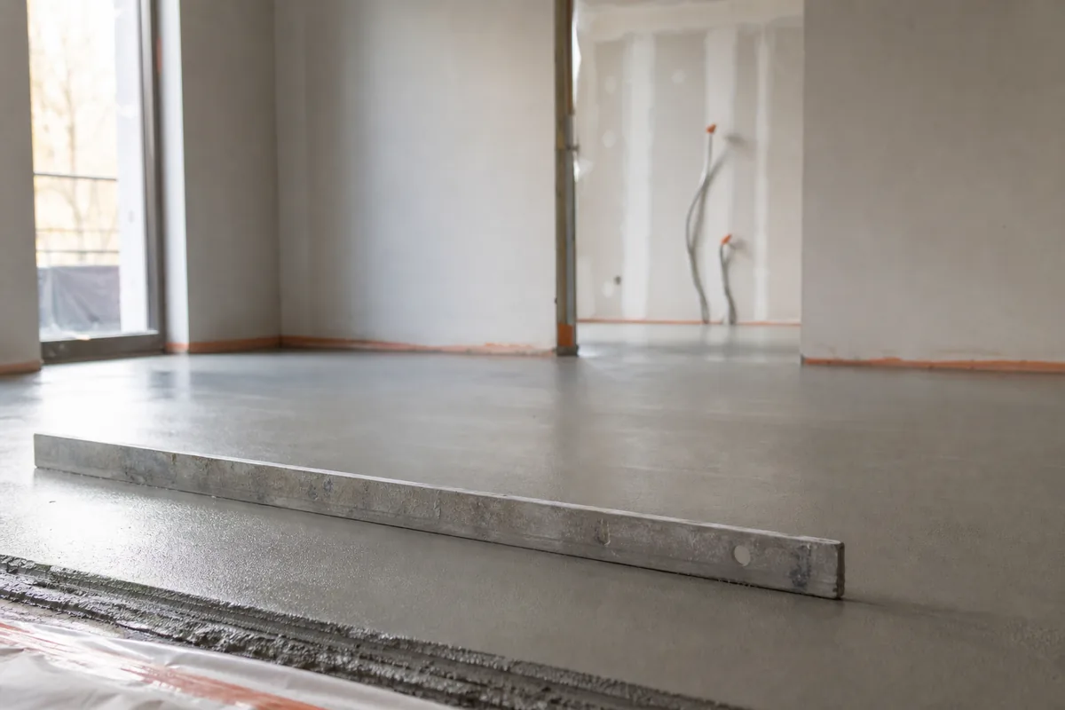Chape de béton fraîchement coulée et lissée dans une pièce en construction