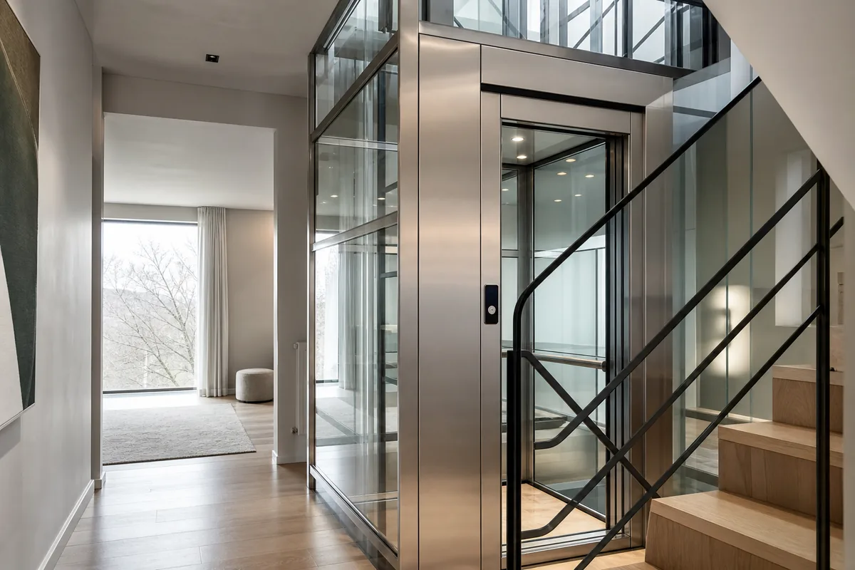 Petit ascenseur privatif vitré intégré dans la cage d’escalier d’une maison particulière moderne