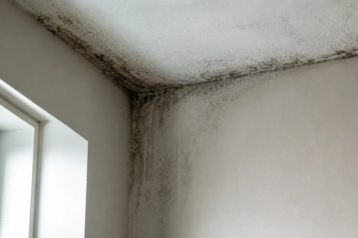 Angle de mur intérieur avec traces d’humidité et de moisissure sombre au raccord plafond