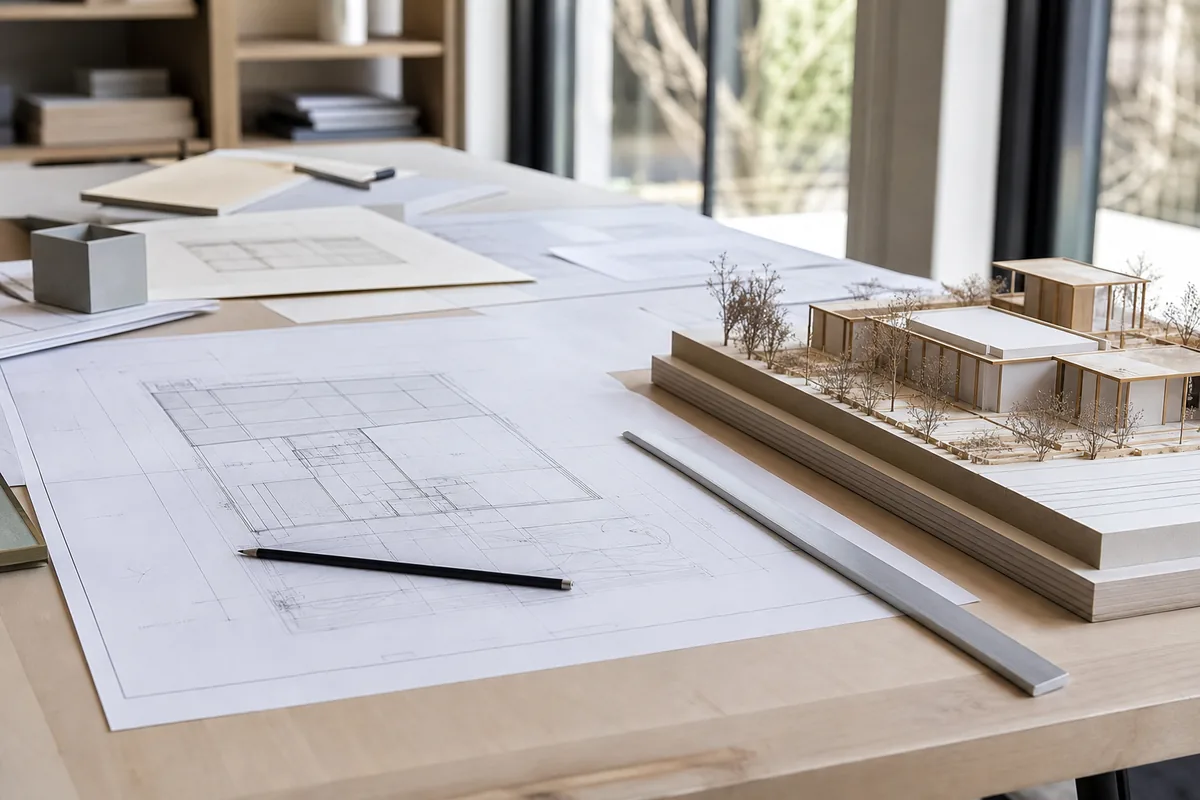 Plans d’architecte et une maquette d’étude posés sur une grande table de travail claire