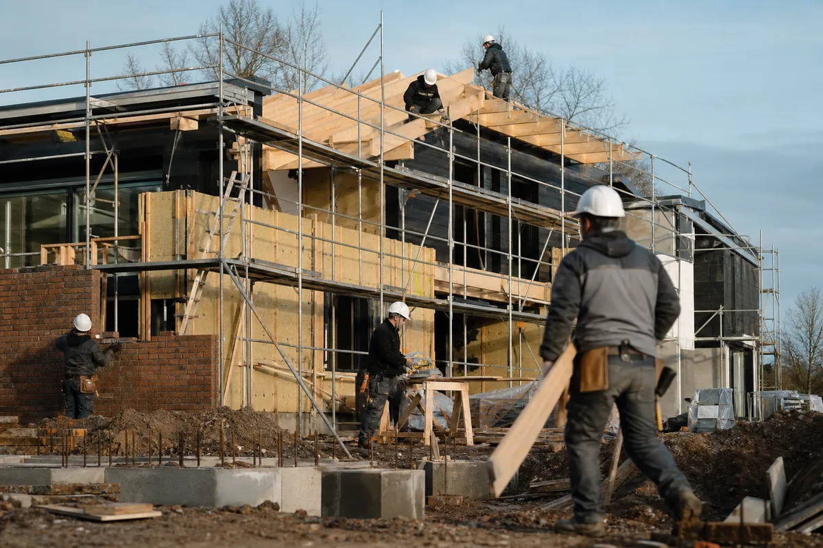 Chantier de construction résidentielle avec plusieurs corps de métier au travail