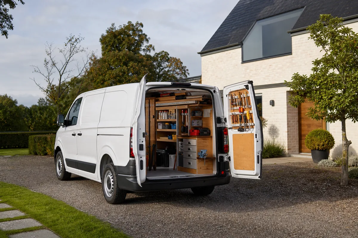Camionnette d’artisan blanche stationnée devant une maison
