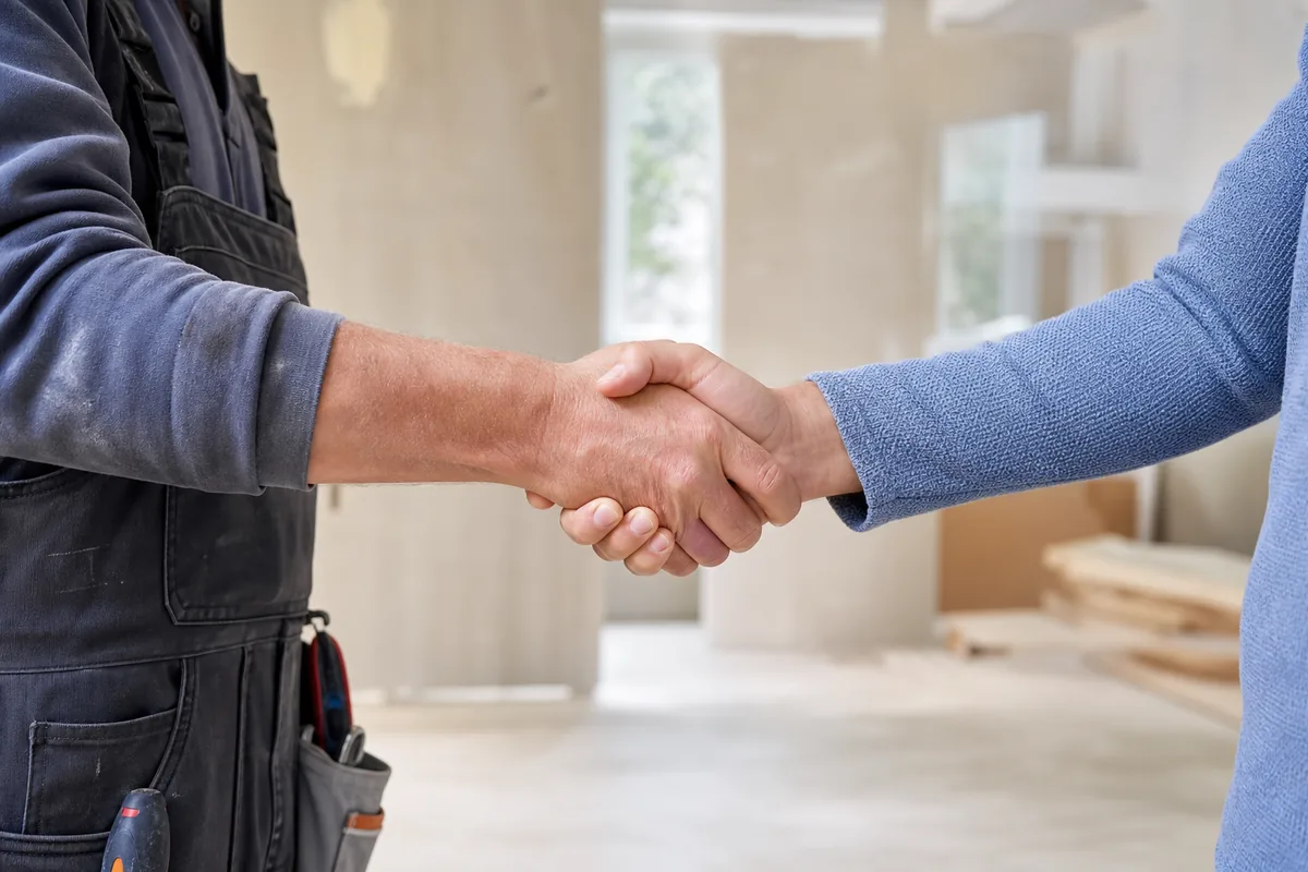 Poignée de main entre un artisan en tenue de travail et un particulier