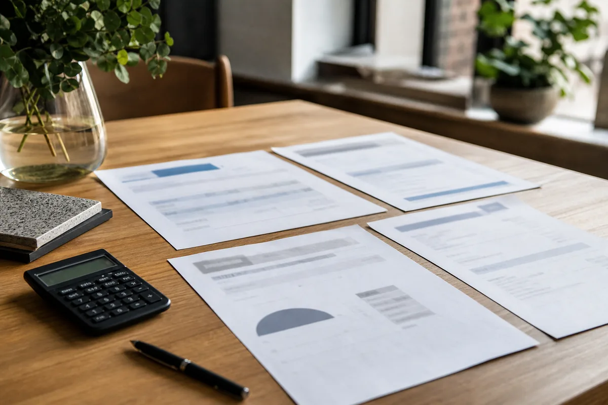 Devis papier étalés côte à côte sur une table en bois avec un stylo et une calculatrice