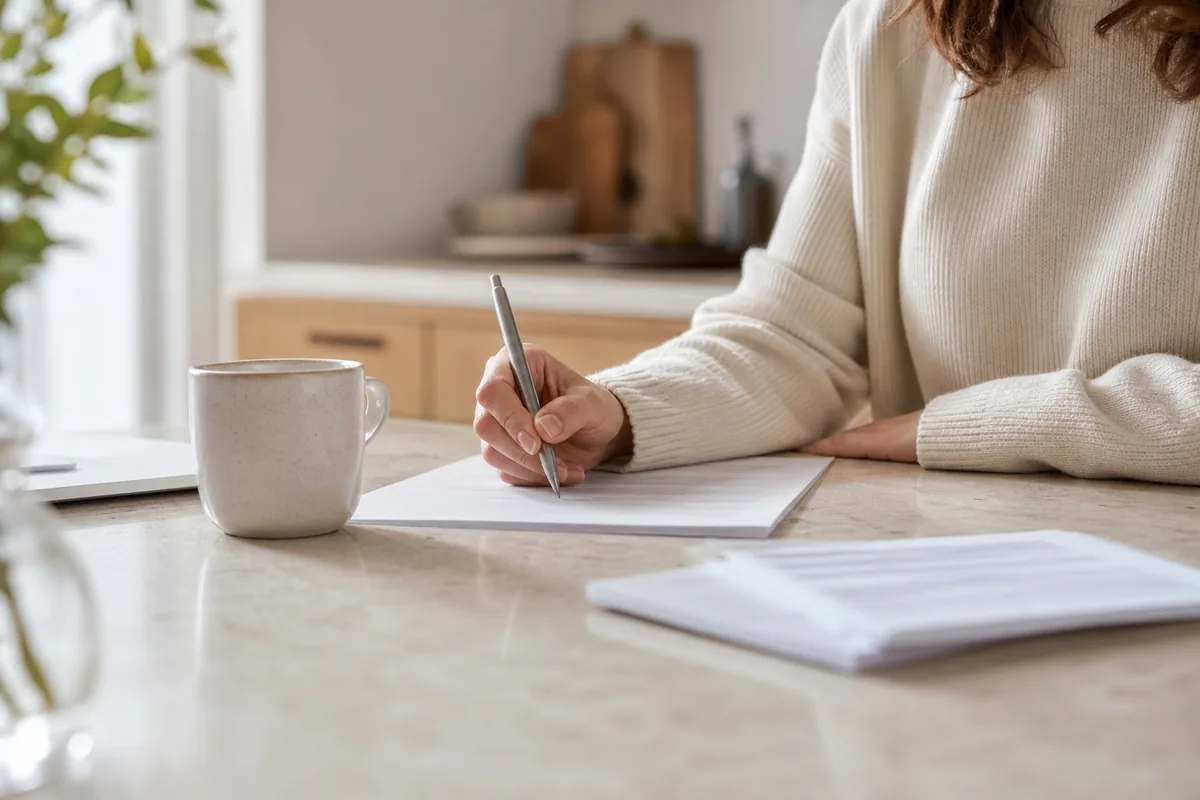 Main signant un document posé sur une table de cuisine claire