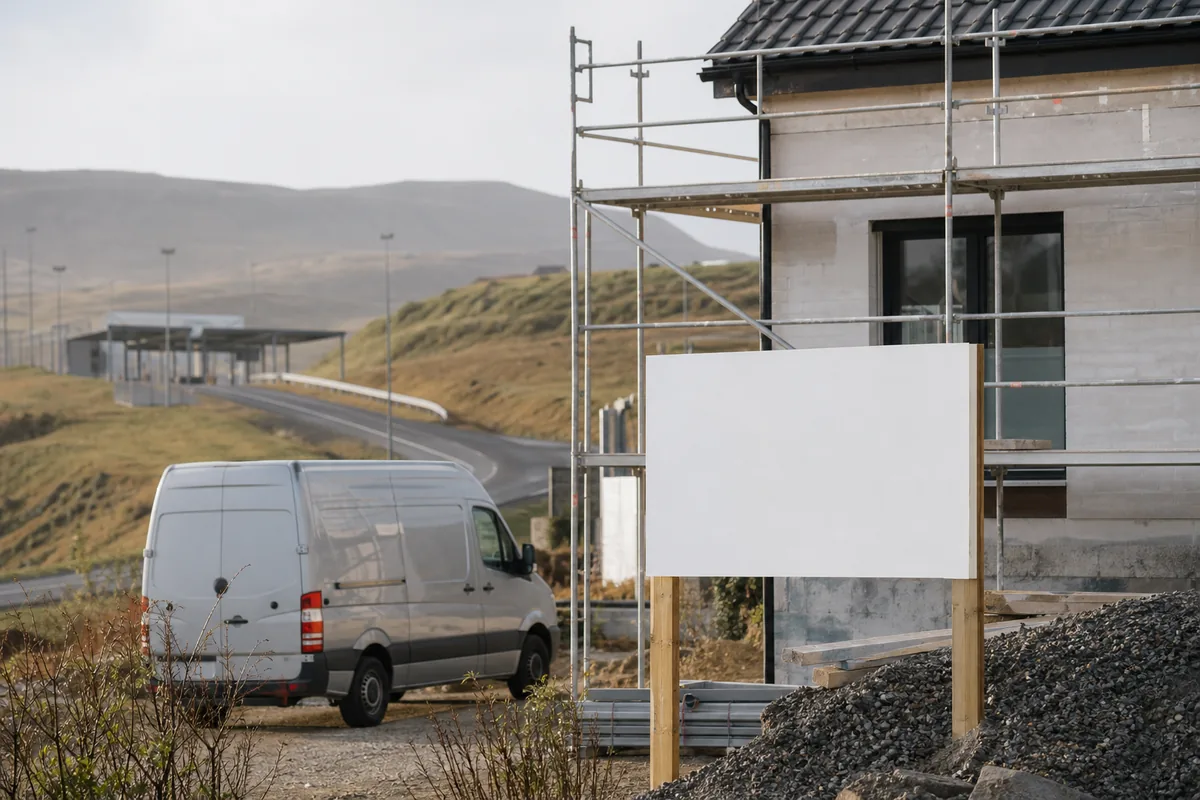 Panneau de chantier vierge devant une maison en travaux et une camionnette utilitaire neutre