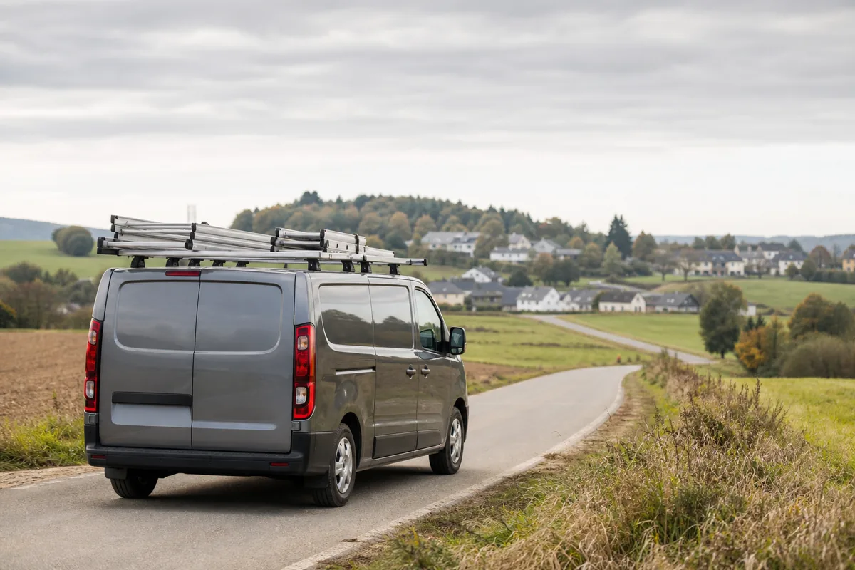 Camionnette d’artisan sur une route de campagne luxembourgeoise entre villages