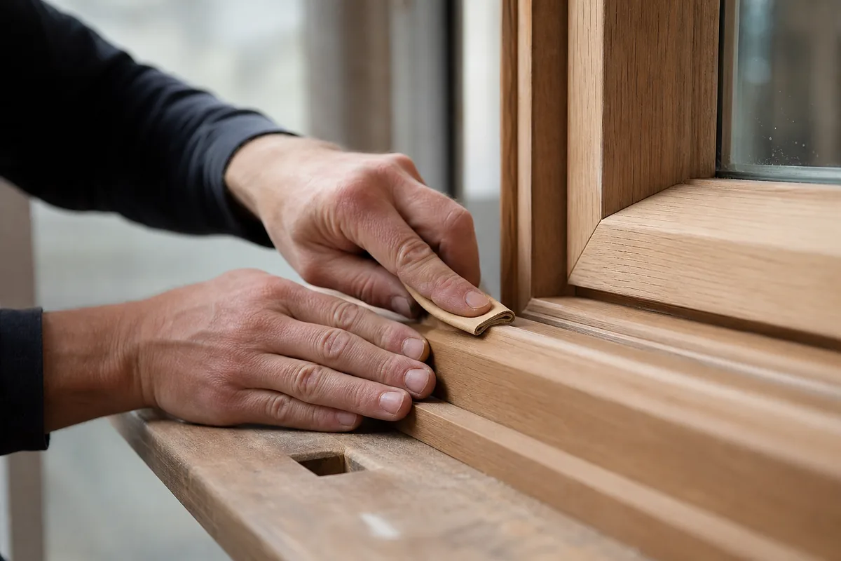 Mains d’un artisan réalisant une finition soignée sur une menuiserie