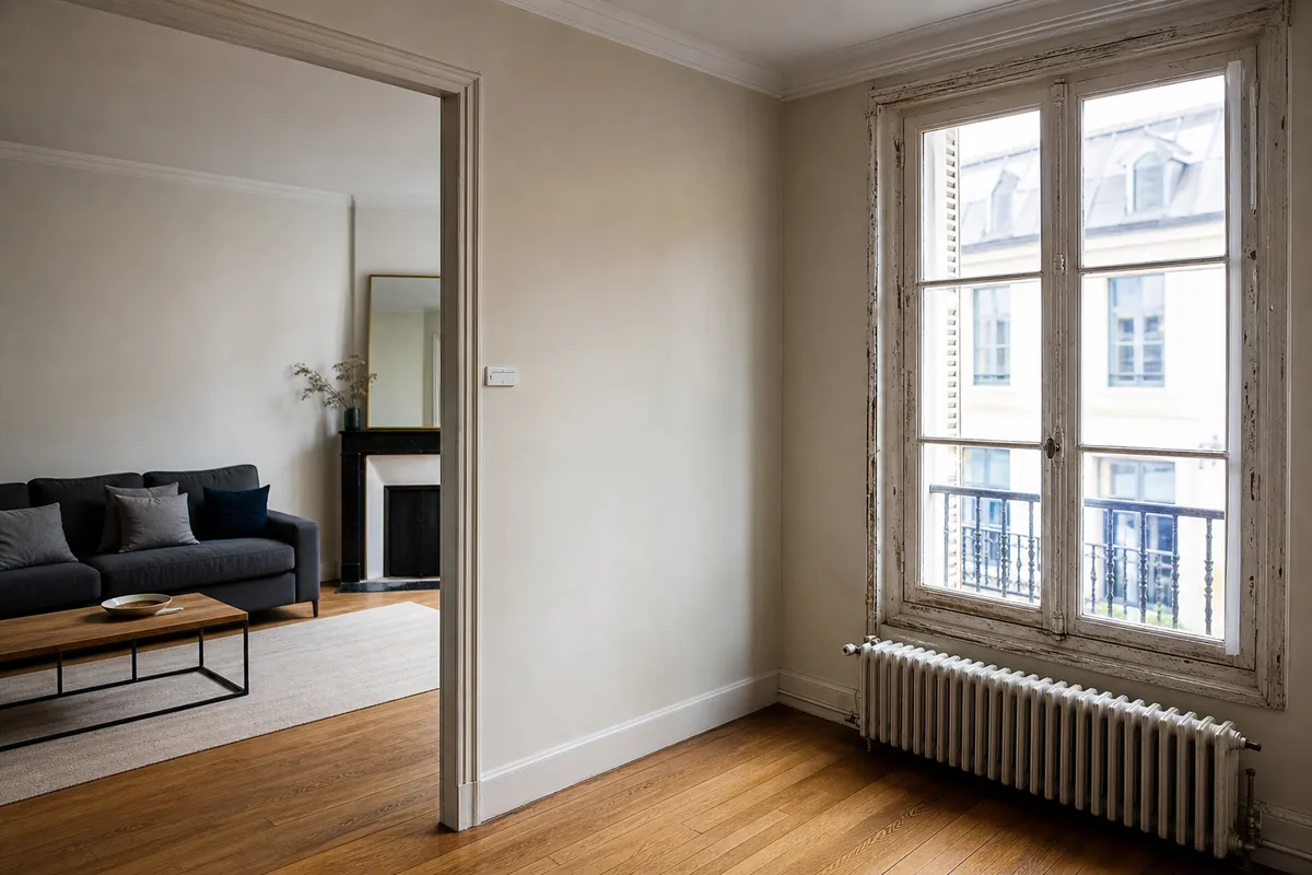 Appartement locatif avec un radiateur ancien et une fenêtre à remplacer