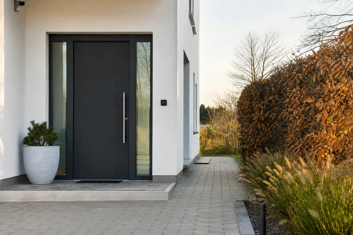 Porte d’entrée de maison individuelle vue de l’extérieur avec une sonnette