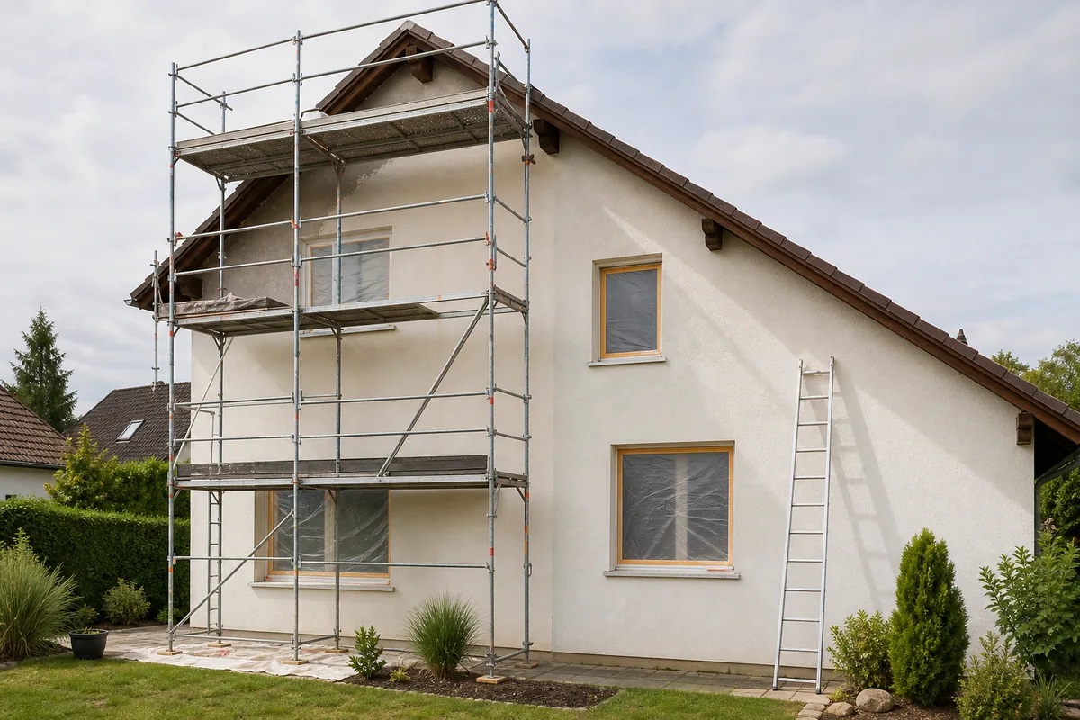 Échafaudage monté le long de la façade d’une maison à côté d’une simple échelle appuyée