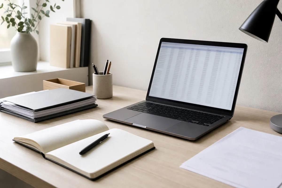 Bureau clair avec un ordinateur portable ouvert sur un tableau de données illisible et floues