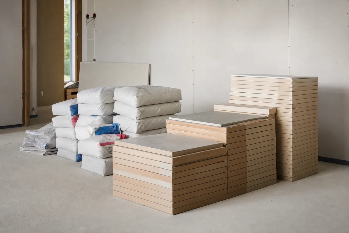 Cartons de carrelage et des sacs de mortier empilés dans une pièce en chantier
