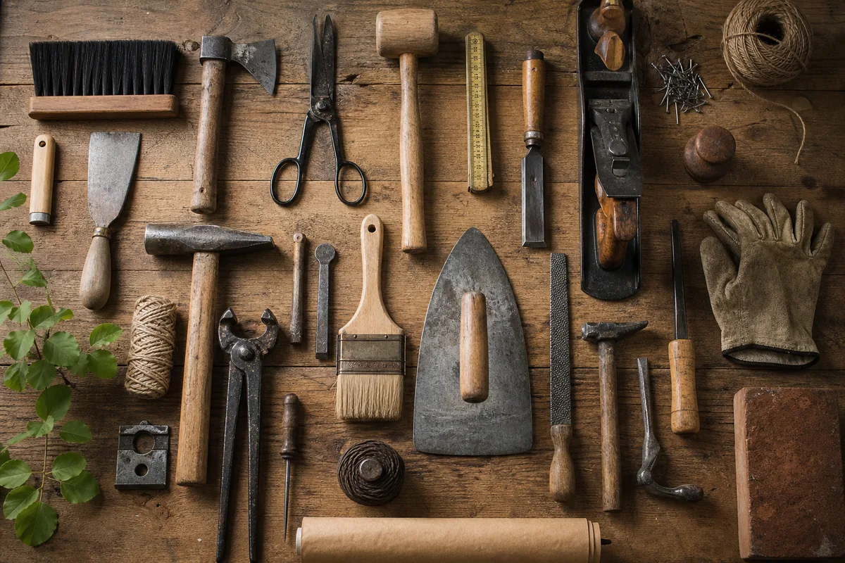 Corps de métier symbolisés par leurs outils posés ensemble sur un établi en bois