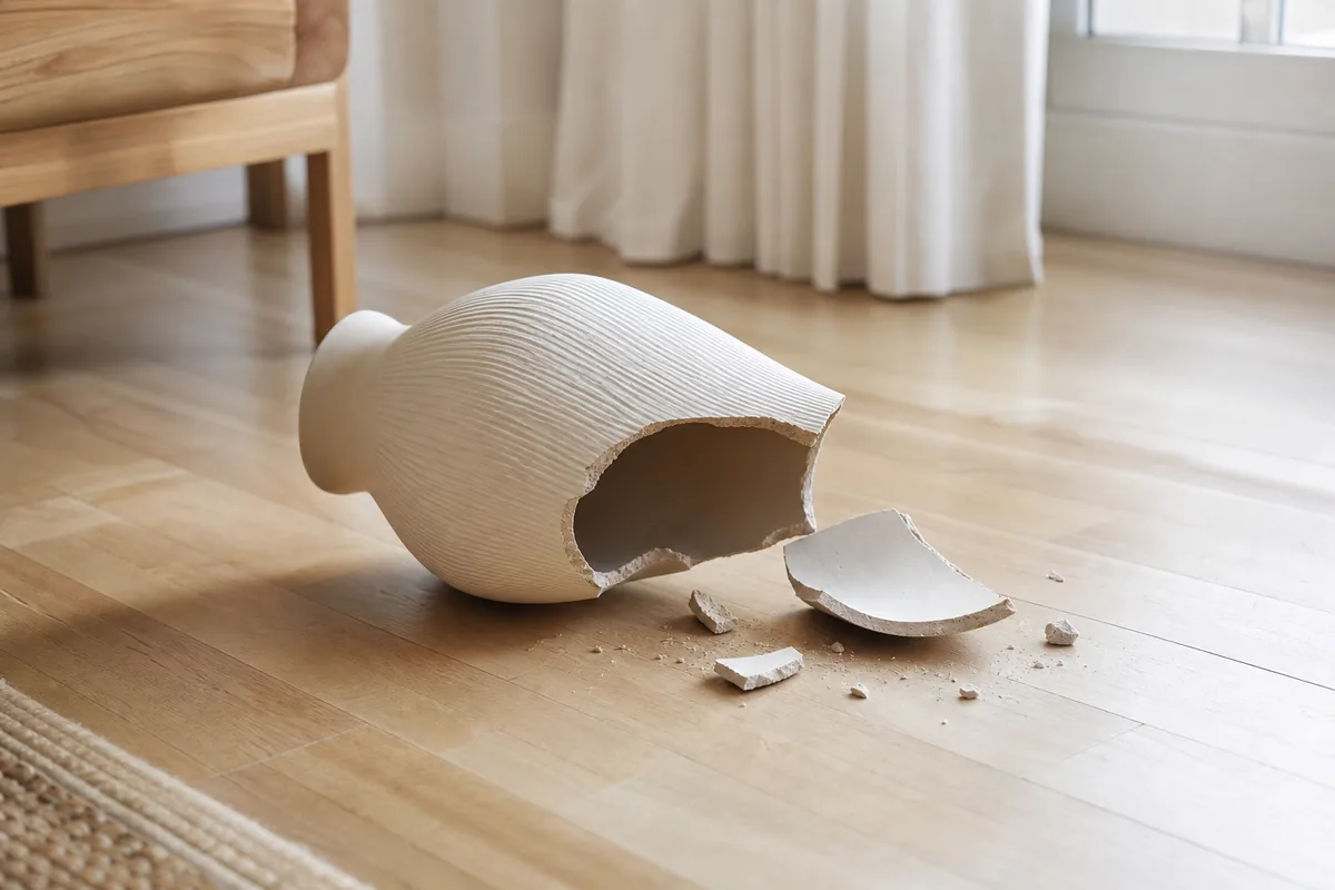 Vase en céramique brisé sur un parquet clair