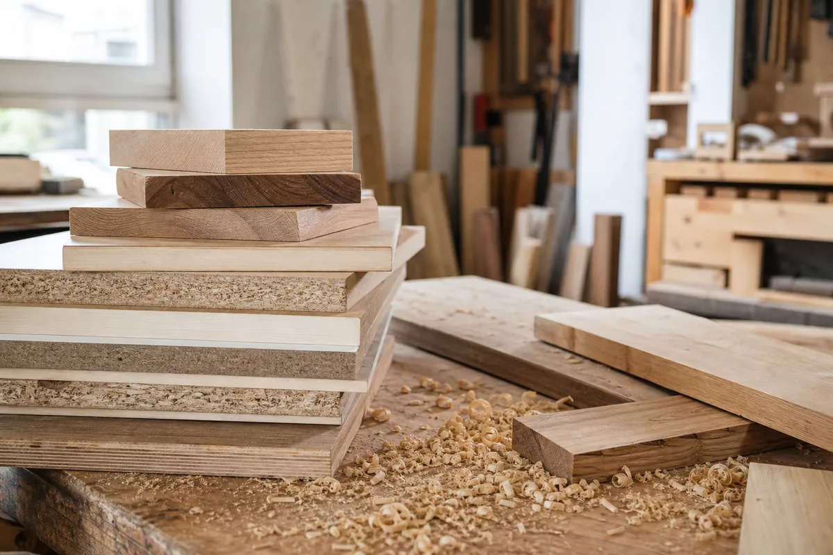 Échantillons de bois massif et de panneaux dérivés empilés dans un atelier de menuiserie