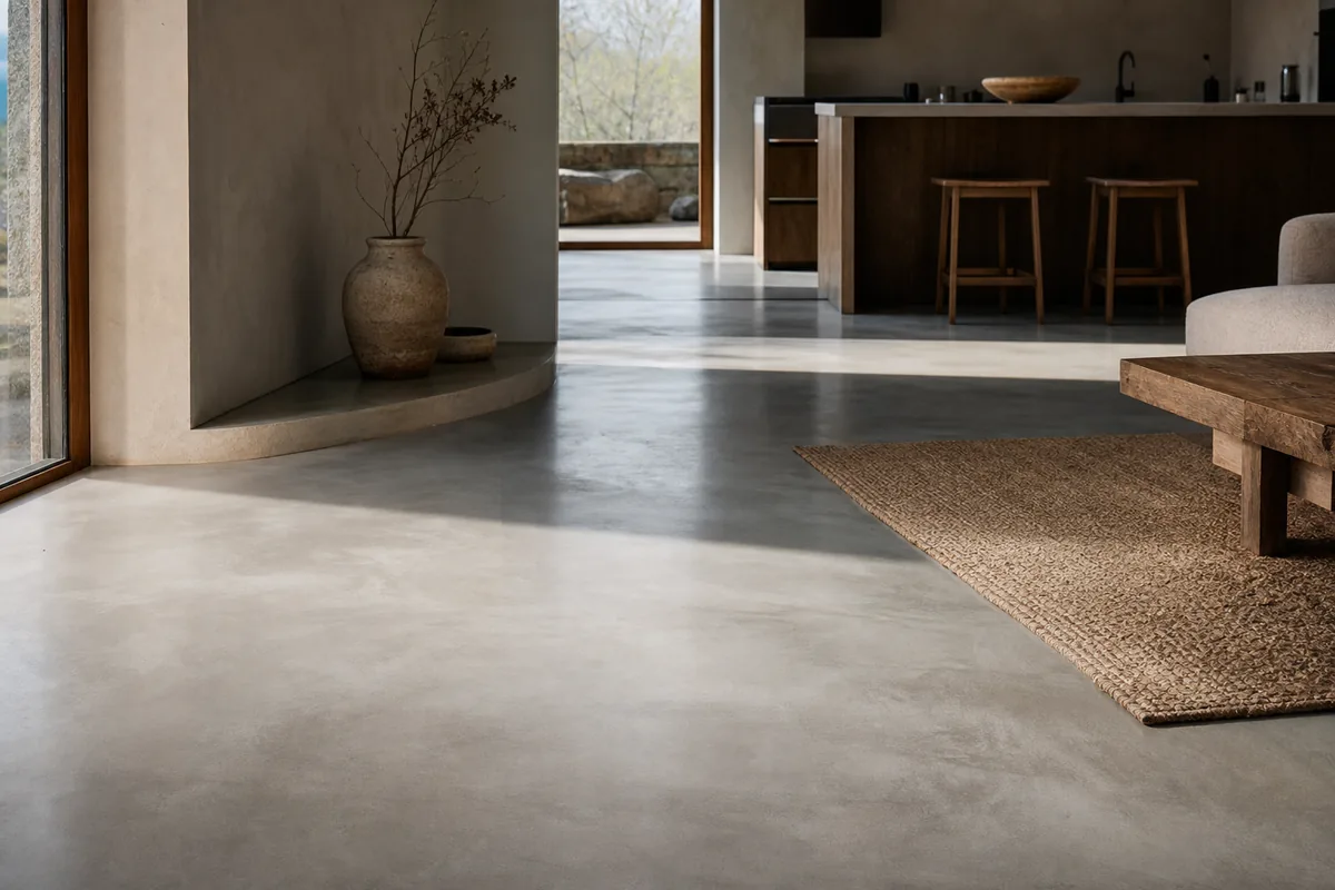 Sol en béton ciré gris continu dans une pièce de vie contemporaine