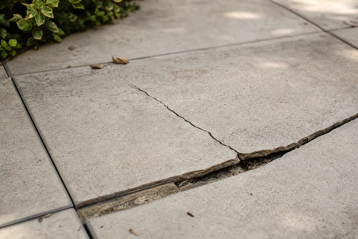 Carrelage de terrasse extérieure présentant une dalle fissurée et un joint décollé
