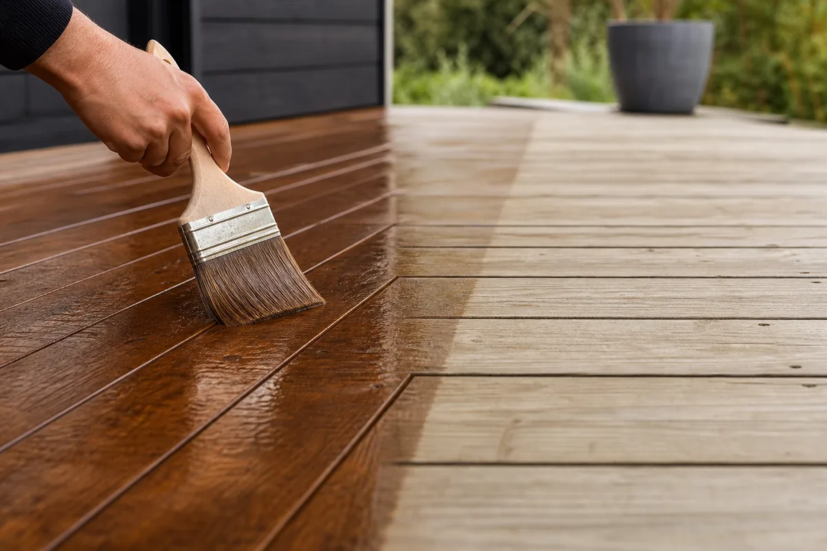 Application d’une huile protectrice au pinceau sur une lame de bois extérieur