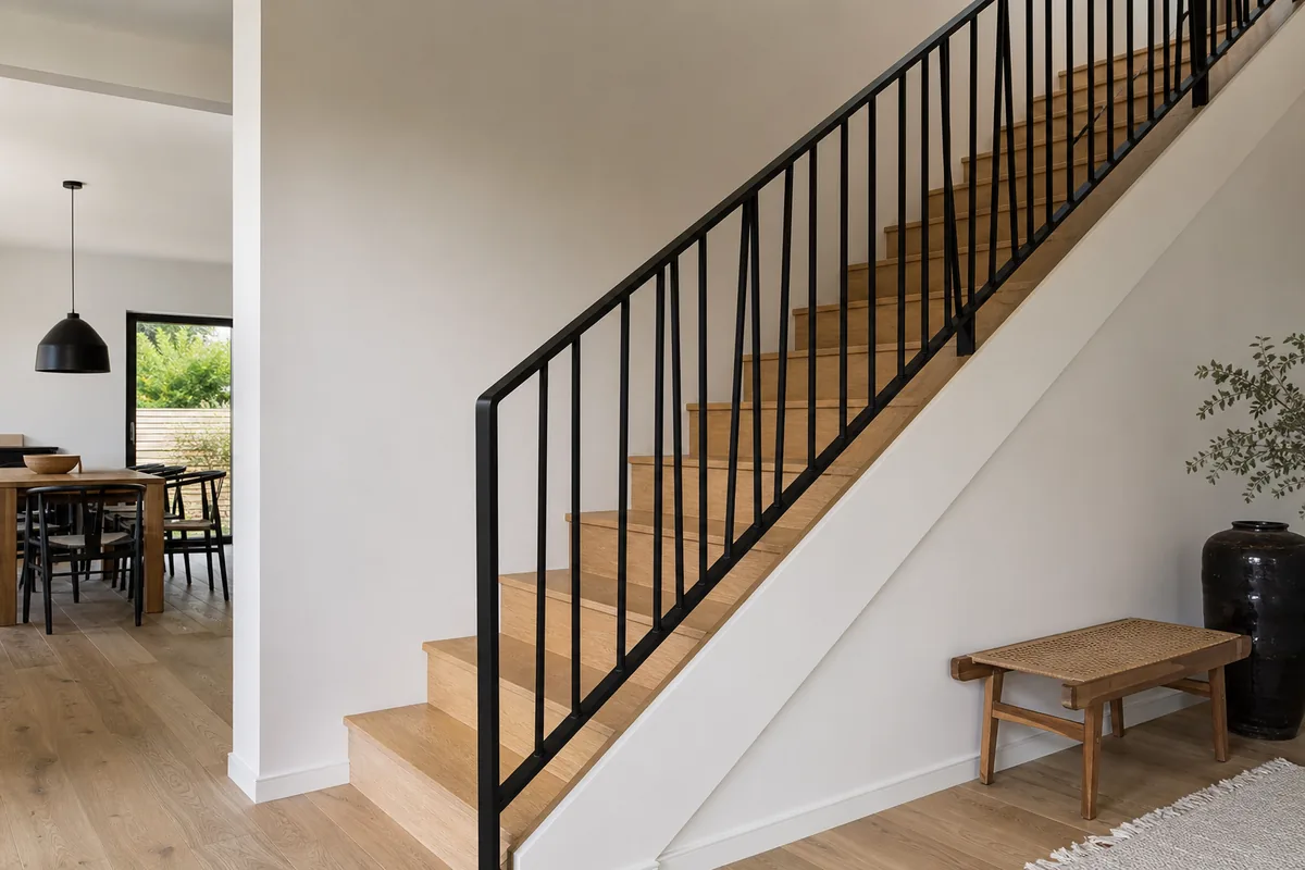 Garde-corps en acier noir sur mesure le long d’un escalier intérieur en bois clair