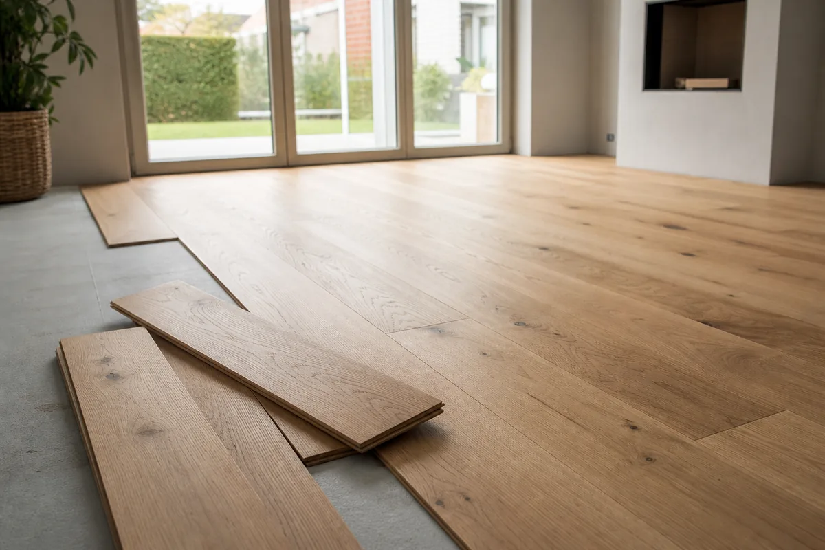 Parquet en chêne massif fraîchement posé dans une pièce lumineuse