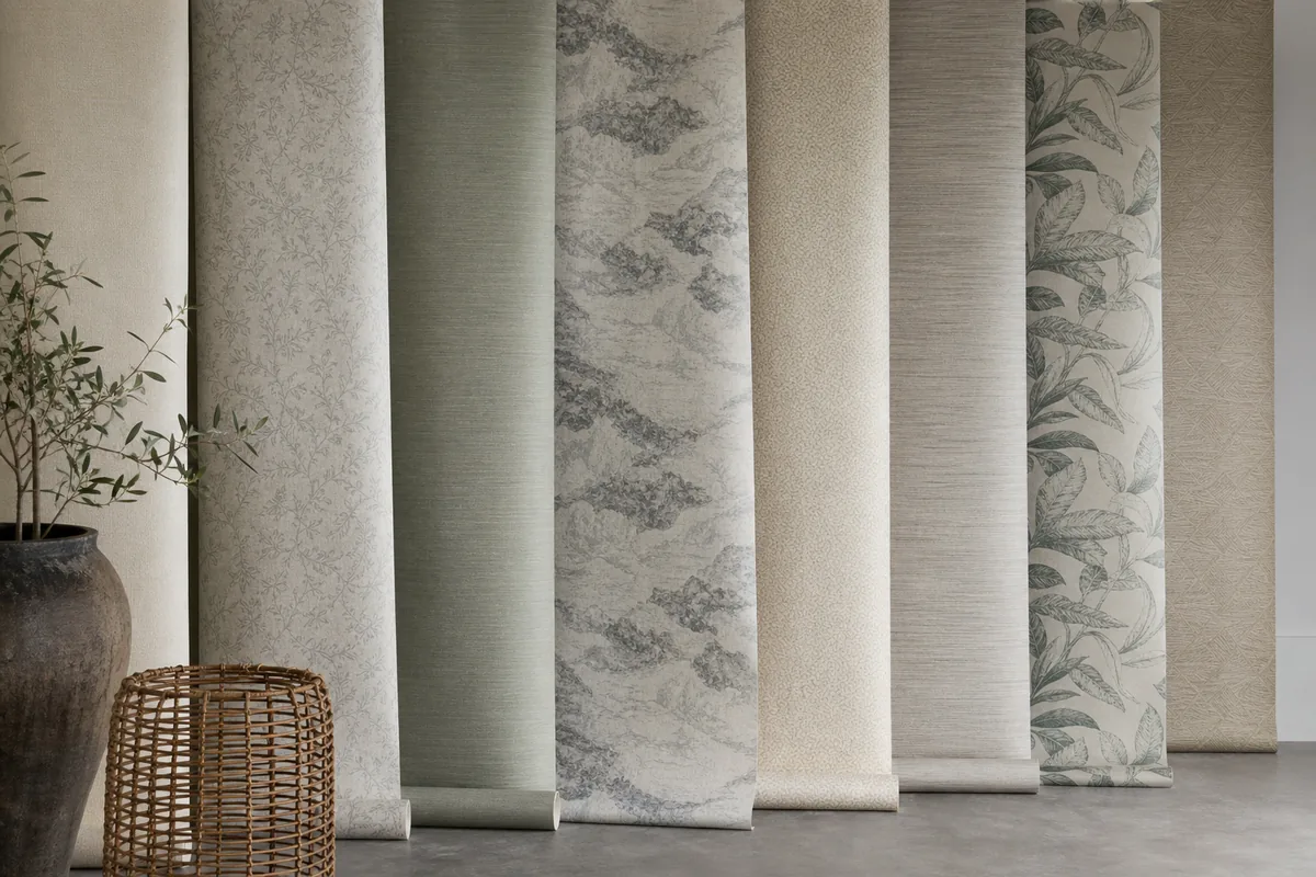 Rouleaux de papier peint déroulés côte à côte sur un mur