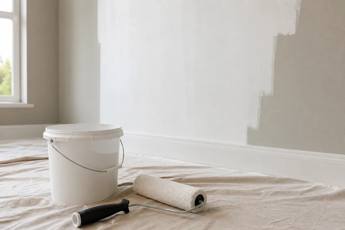 Pot de peinture blanche ouvert avec un rouleau propre posé sur une bâche
