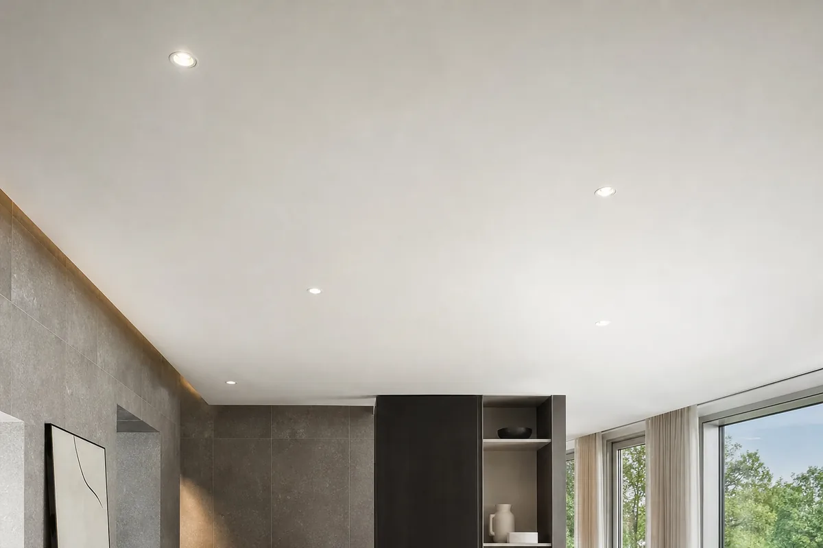Plafond tendu blanc mat avec spots encastrés dans une pièce contemporaine