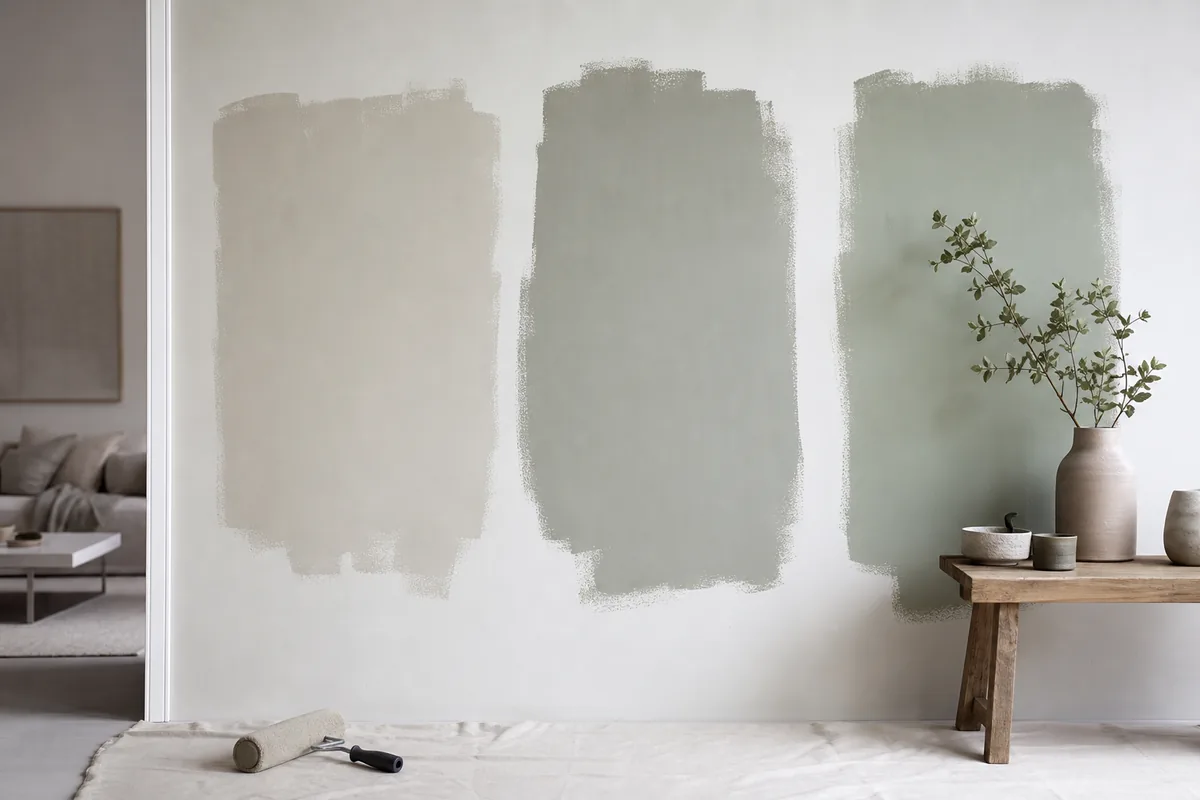 Mur blanc portant trois grands aplats d’essai de peinture de teintes proches