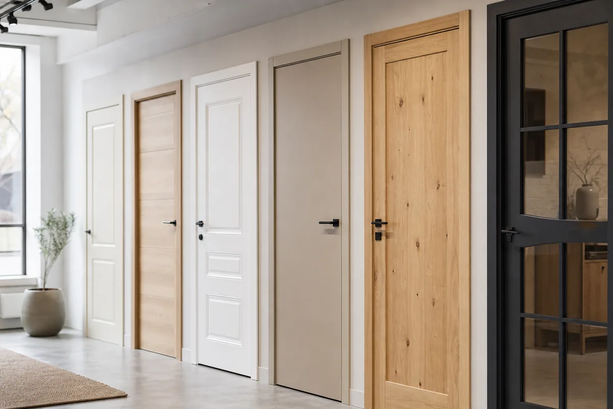 Portes intérieures de styles différents alignées dans un showroom clair